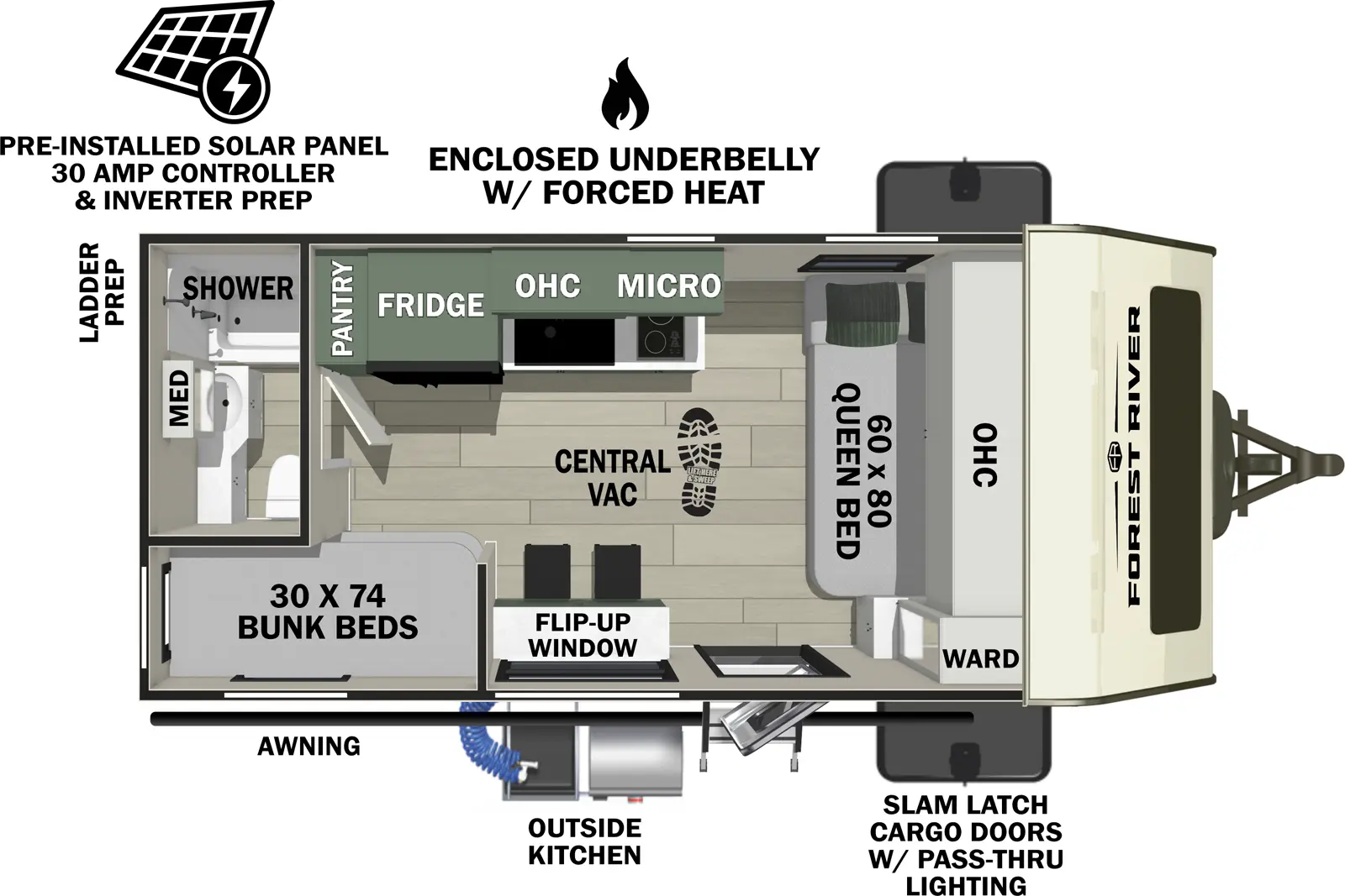 The No Boundaries NB18.7 floorplan has one entry and zero slide outs. Exterior features include: fiberglass exterior, 14' awning and outside kitchen. Interiors features include: bunk beds and front bedroom.